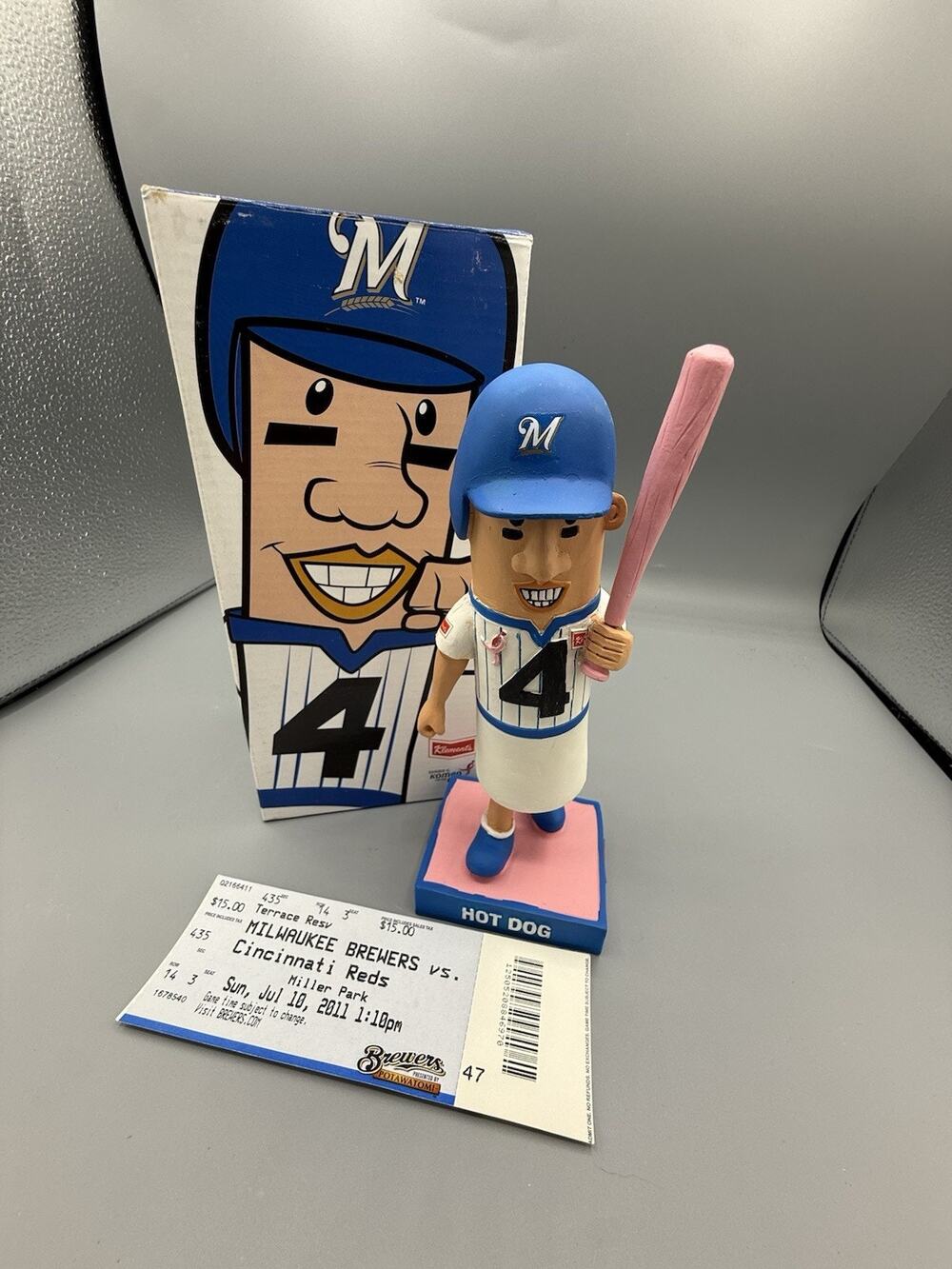 2011 Brewers Racing Sausage Hot Dog #4 Bobblehead Pink Bat Klements BDA Box